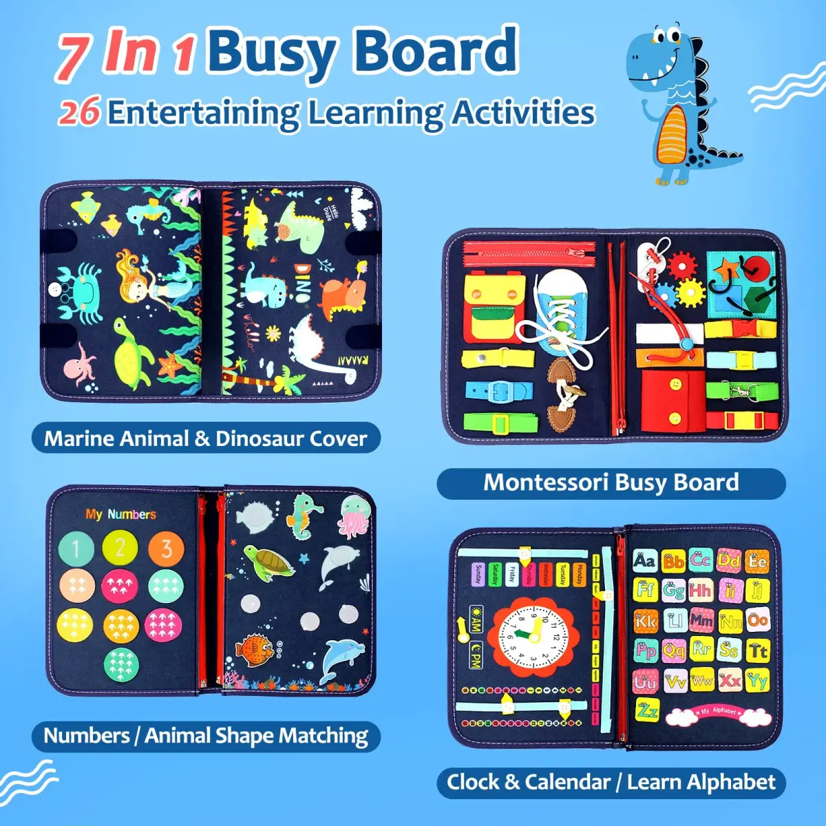 Qizfun Dinosaur Busy Board Montessori Toy | 21.9cm x 28cm x 5.6cm (8.6 x 11 x 2.2 inches) - view 3
