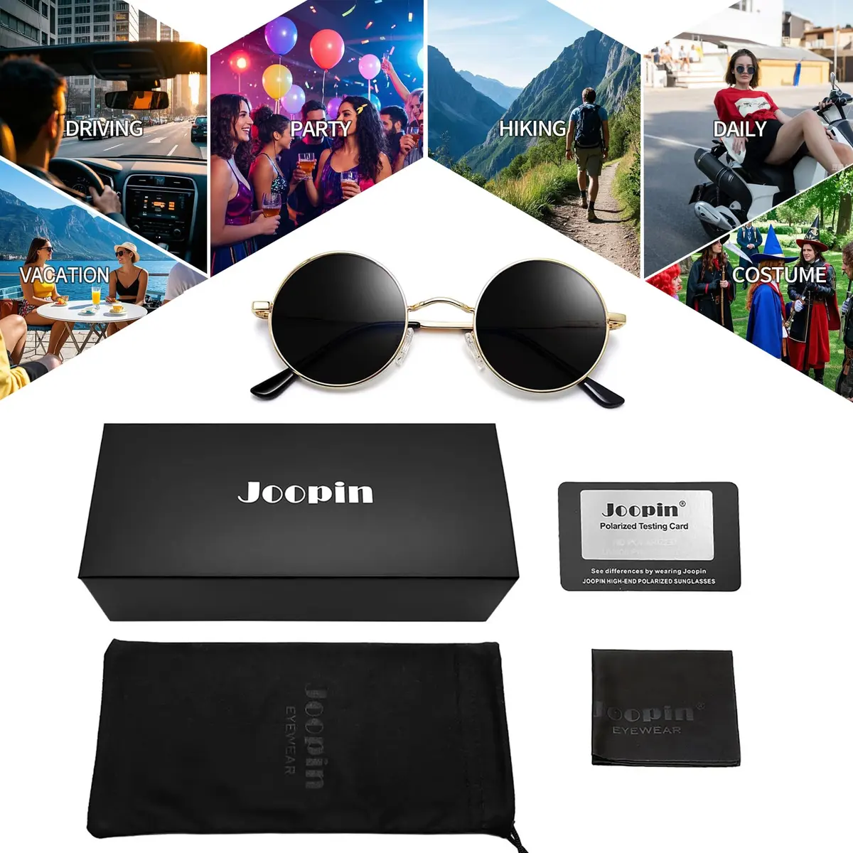 Joopin Small Round Sunglasses Circle Shades for Men Women Circular Metal Sun Glasses Polarized UV400 Costume (Gold Black) | Stylish & UV Protected - view 6