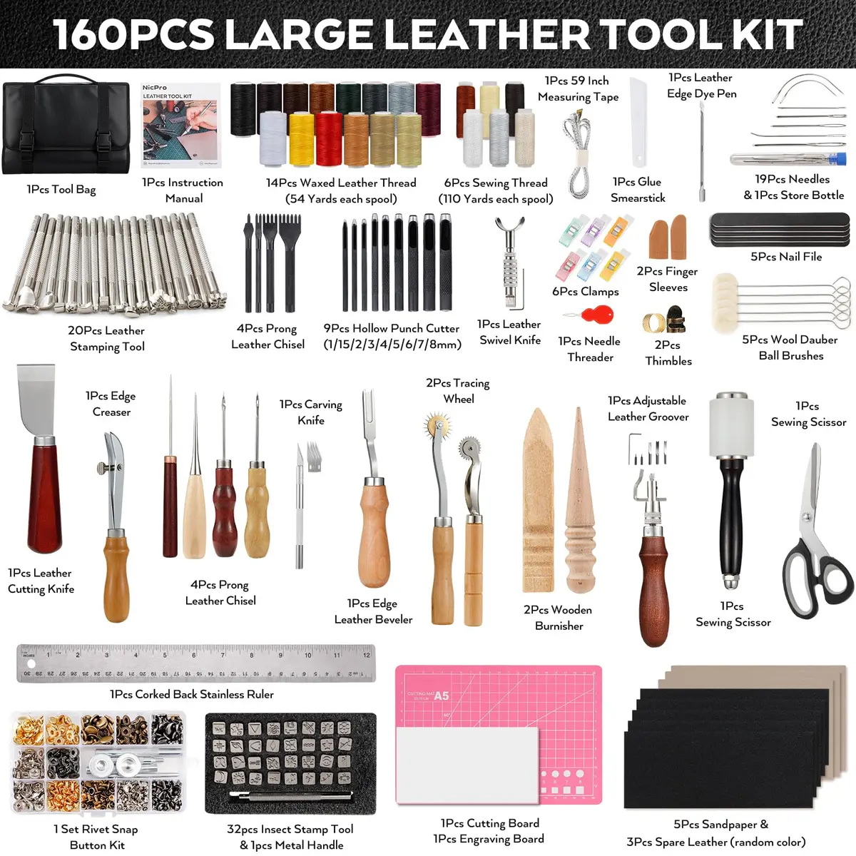 Nicpro Leather Tooling Kit 160PCS | Professional Leather Craft Tools & Storage Bag - view 2