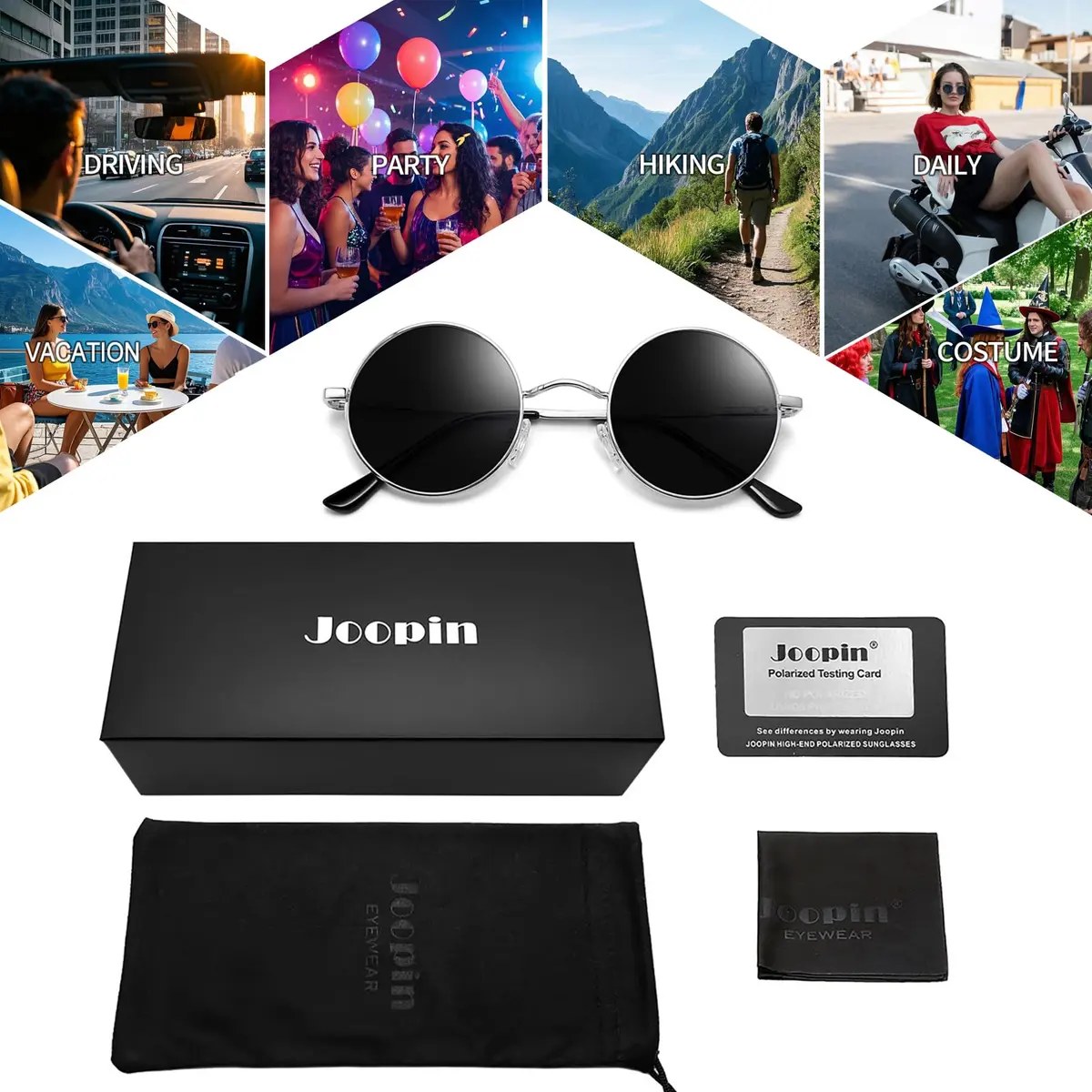 Joopin Small Round Sunglasses Circle Shades for Men Women Teens UV400 UV Protection (Silver Black) - view 6