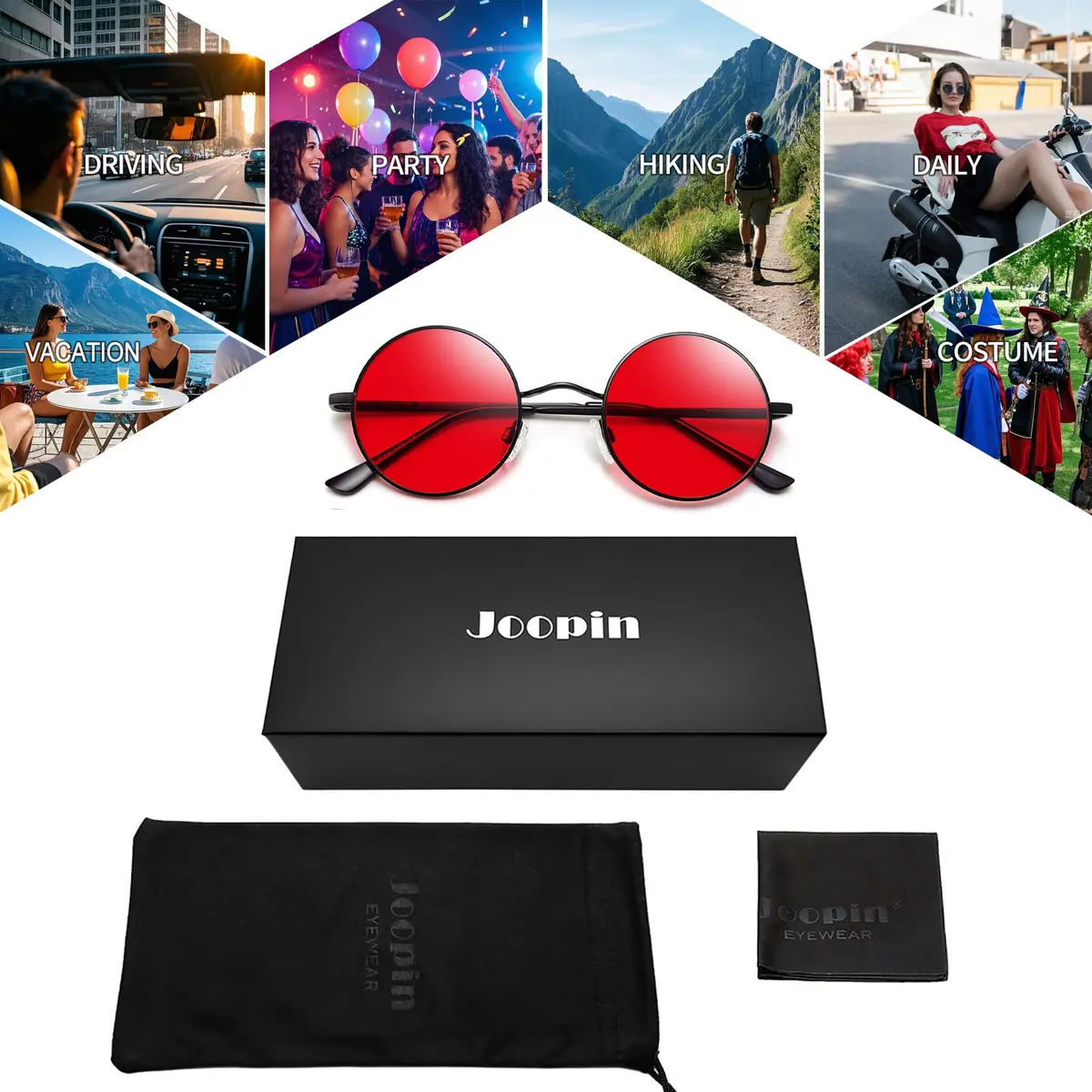 Joopin Small Round Sunglasses Circle Shades for Women Men Metal UV Protection (Black Tinted Red) | Vintage & Trendy - view 6