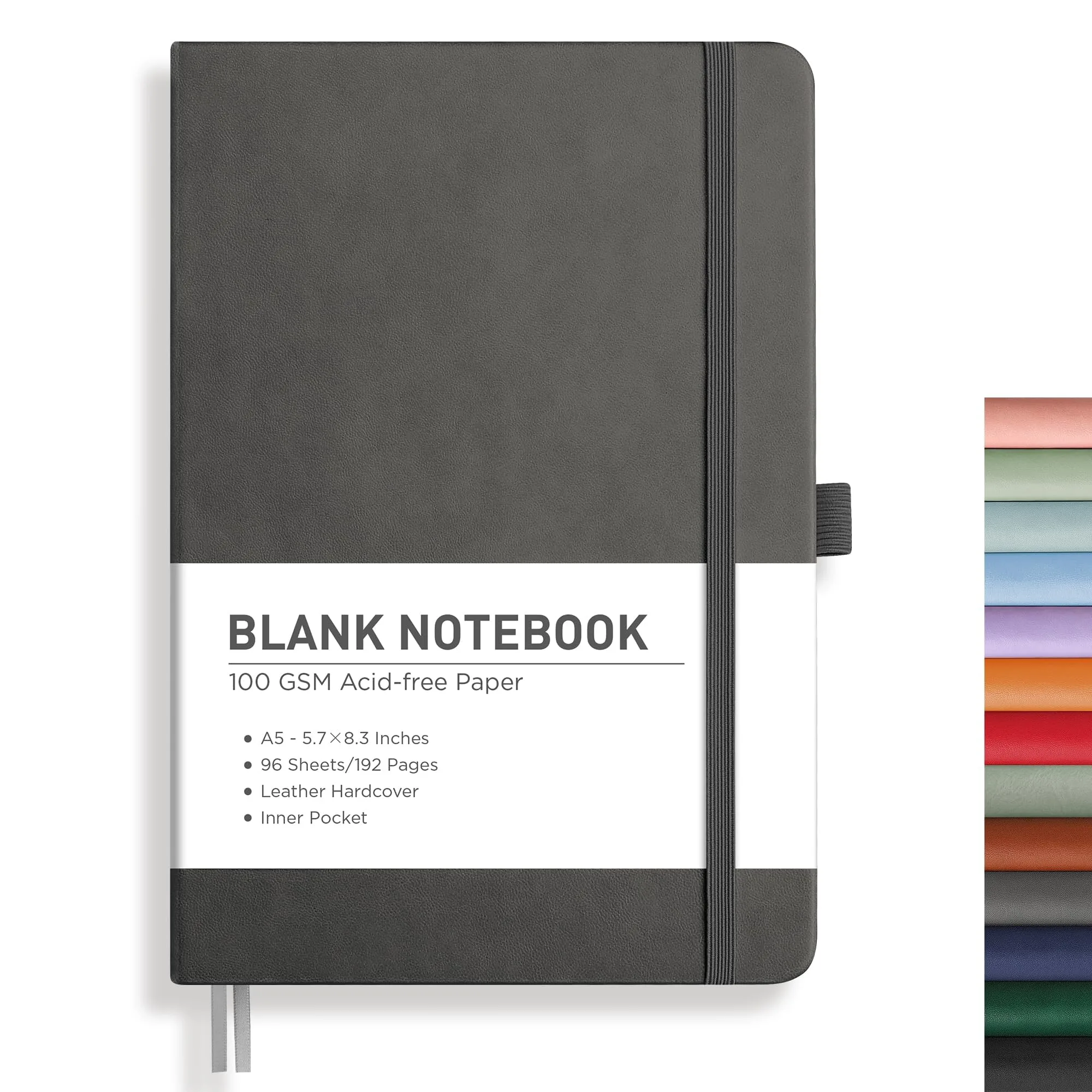 RETTACY Blank Journal Notebook A5 Medium 192 Pages | Gray Leather Hardcover - main product image