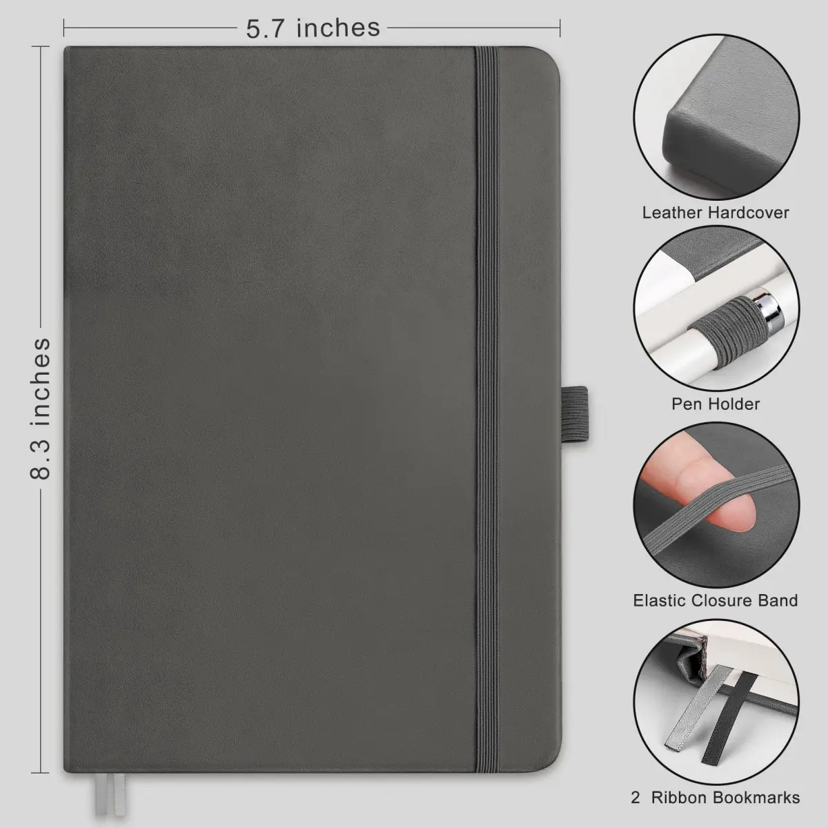 RETTACY Blank Journal Notebook A5 Medium 192 Pages | Gray Leather Hardcover - view 2