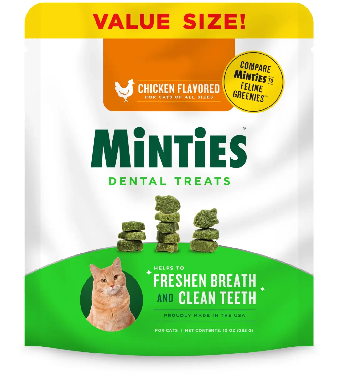 Minties Dental Treats for Cats, Chicken Flavored Cat Dental Treats, 10oz (283g) | Freshens Breath & Controls Tartar - main product image