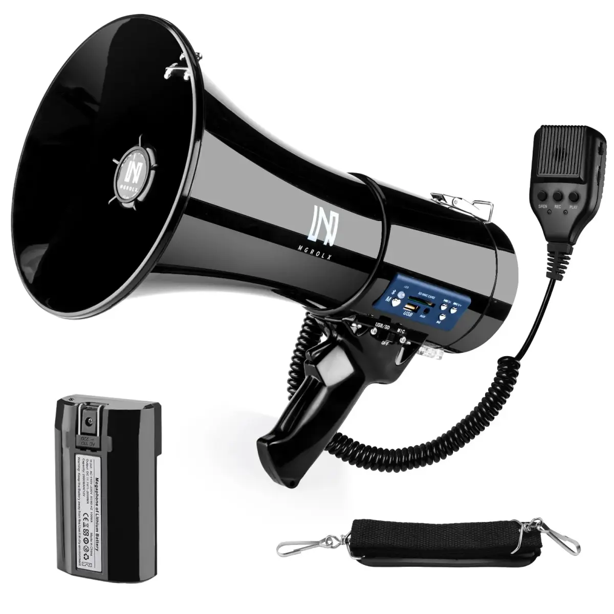MGROLX 50W Rechargeable Megaphone Bullhorn with Bluetooth, USB, SD, AUX | 1500 Yards Loud Speaker - main product image