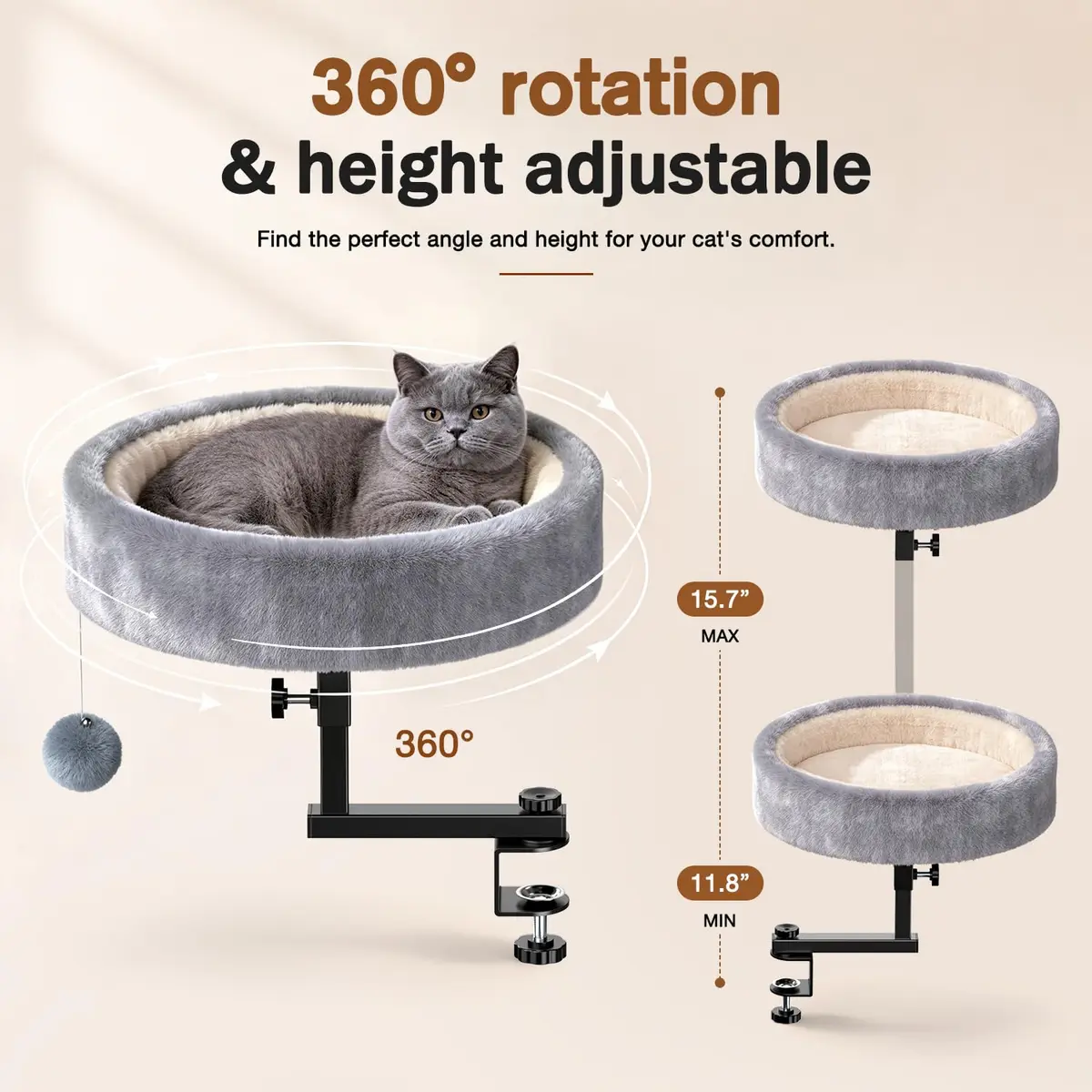 Chumajor Cat Desk Bed, 360° Rotating & Height Adjustable, Supports 50 lbs | Space-Saving Cat Workspace - view 6