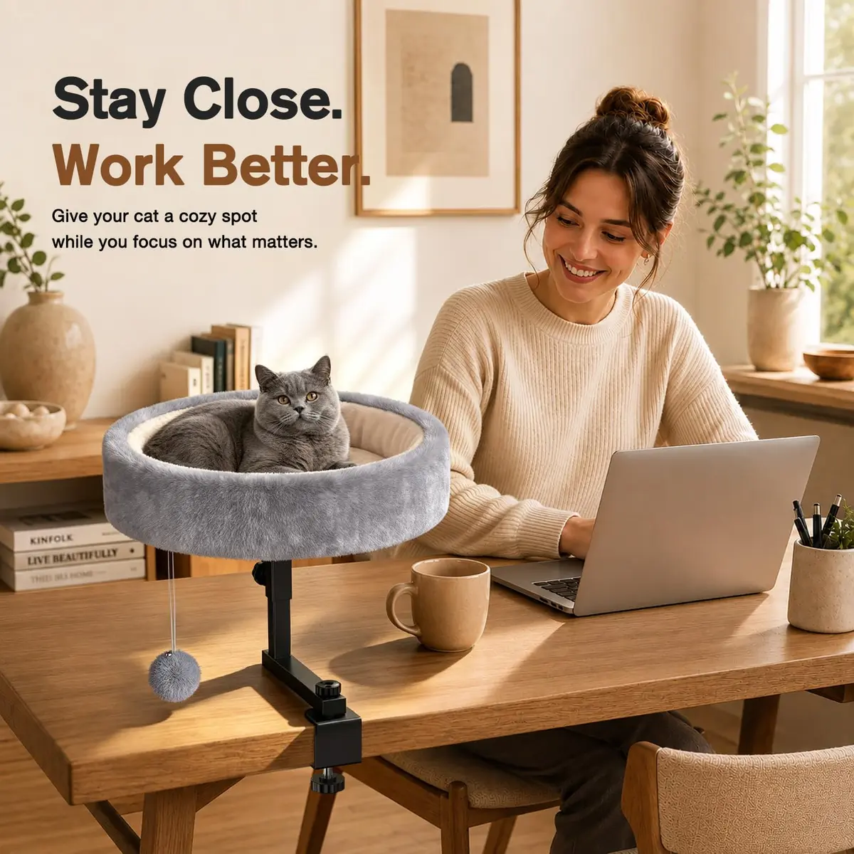 Chumajor Cat Desk Bed, 360° Rotating & Height Adjustable, Supports 50 lbs | Space-Saving Cat Workspace - view 3