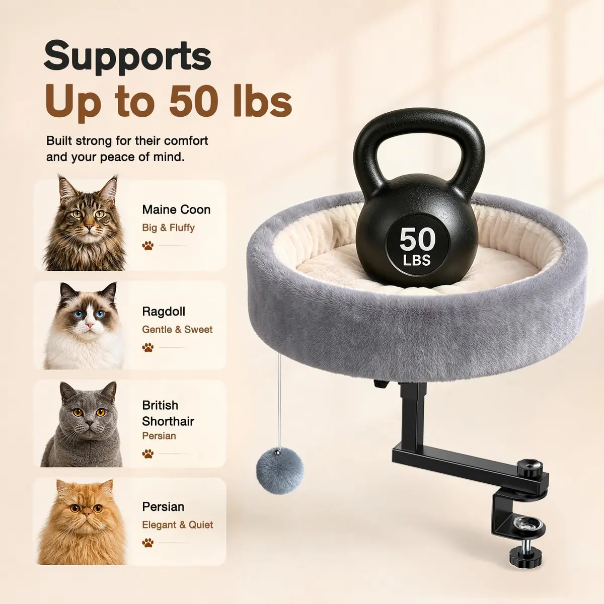 Chumajor Cat Desk Bed, 360° Rotating & Height Adjustable, Supports 50 lbs | Space-Saving Cat Workspace - view 4