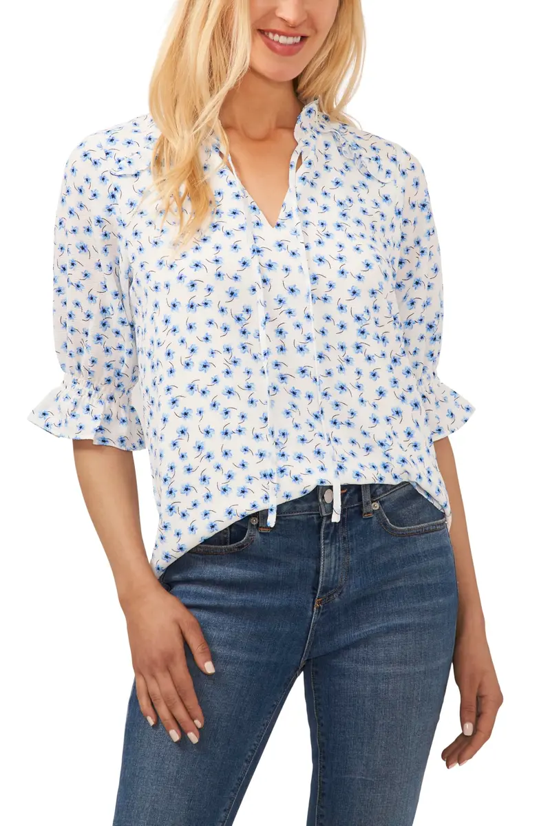 CeCe Elbow Sleeve Split Neck Top | Flattering V-Neck, Versatile Fit, New Ivory (98% Polyester, 2% Spandex) | Medium - main product image