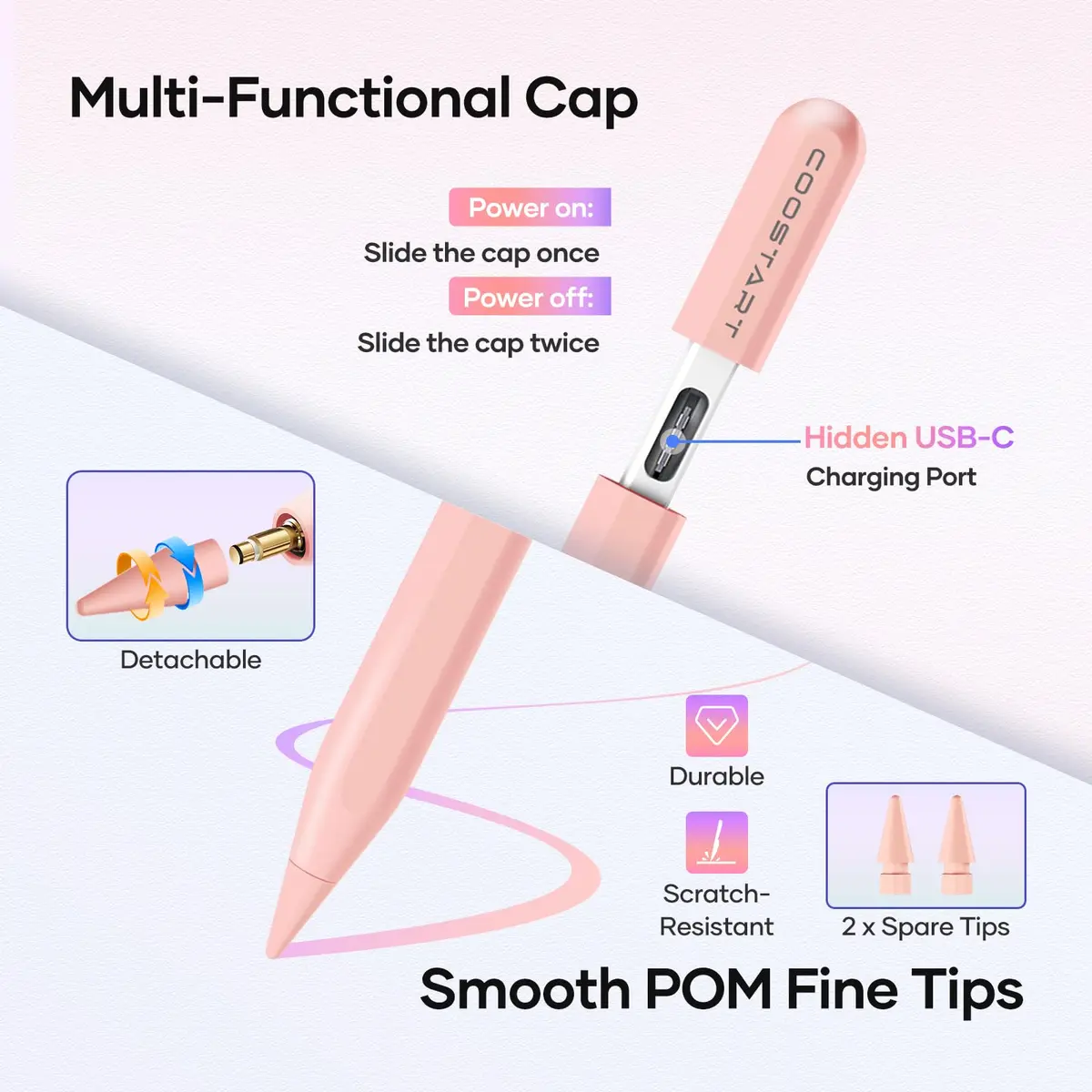 COOSTART Pink Stylus Pen for iPad 9th&10th Gen | Ultra Fast Charging, Precise & Durable (16.6cm * 0.9cm) - view 3