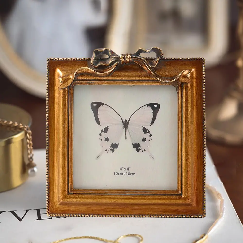 SIKOO Vintage Bow Picture Frame 10.16 cm (4x4 in) | Antique Bronze Gold Resin Wall & Tabletop Decor - view 2