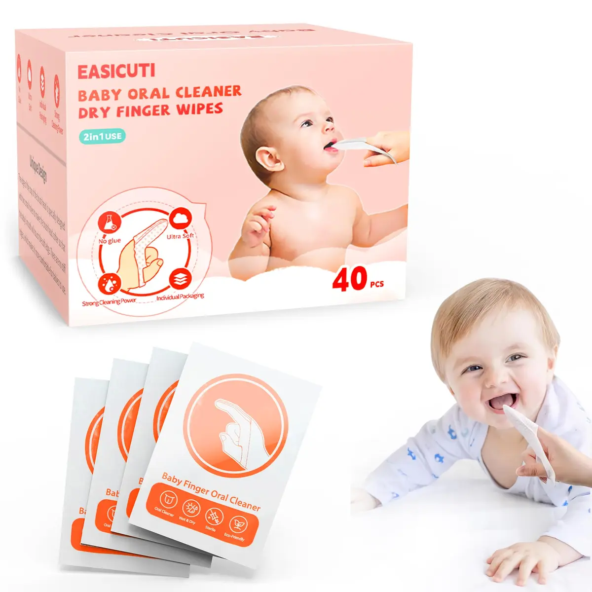 EASICUTI Baby Finger Toothbrush 40Pcs | Soft 3D Pearl Cotton Wipes for Infant Oral Care - main product image
