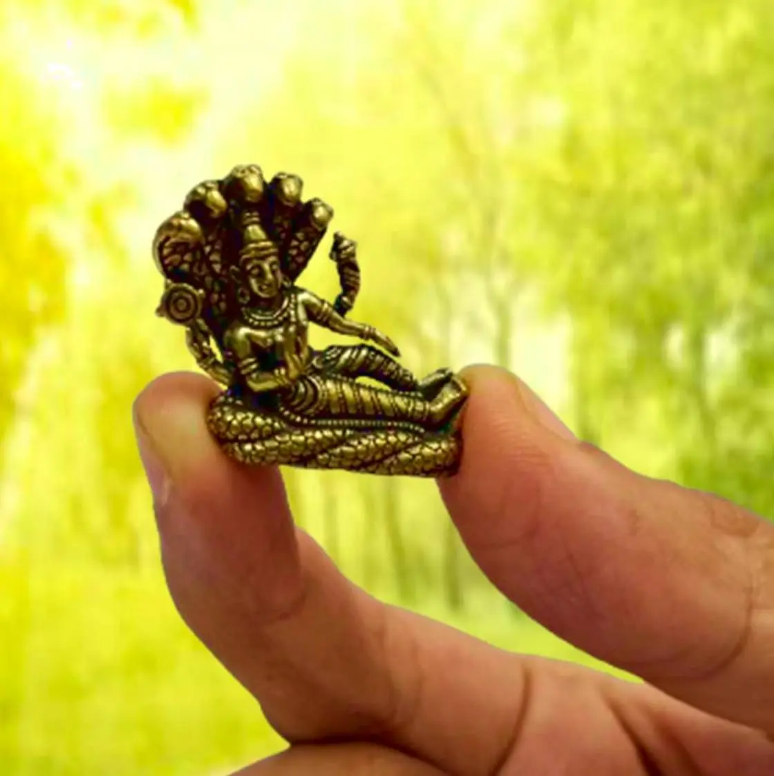 Purpledip Miniature Brass Idol Vishnu on Sheshnag 2.5cm (1" L x 0.5" W x 1" H) | Traditional Religious Collectible Statue - main product image