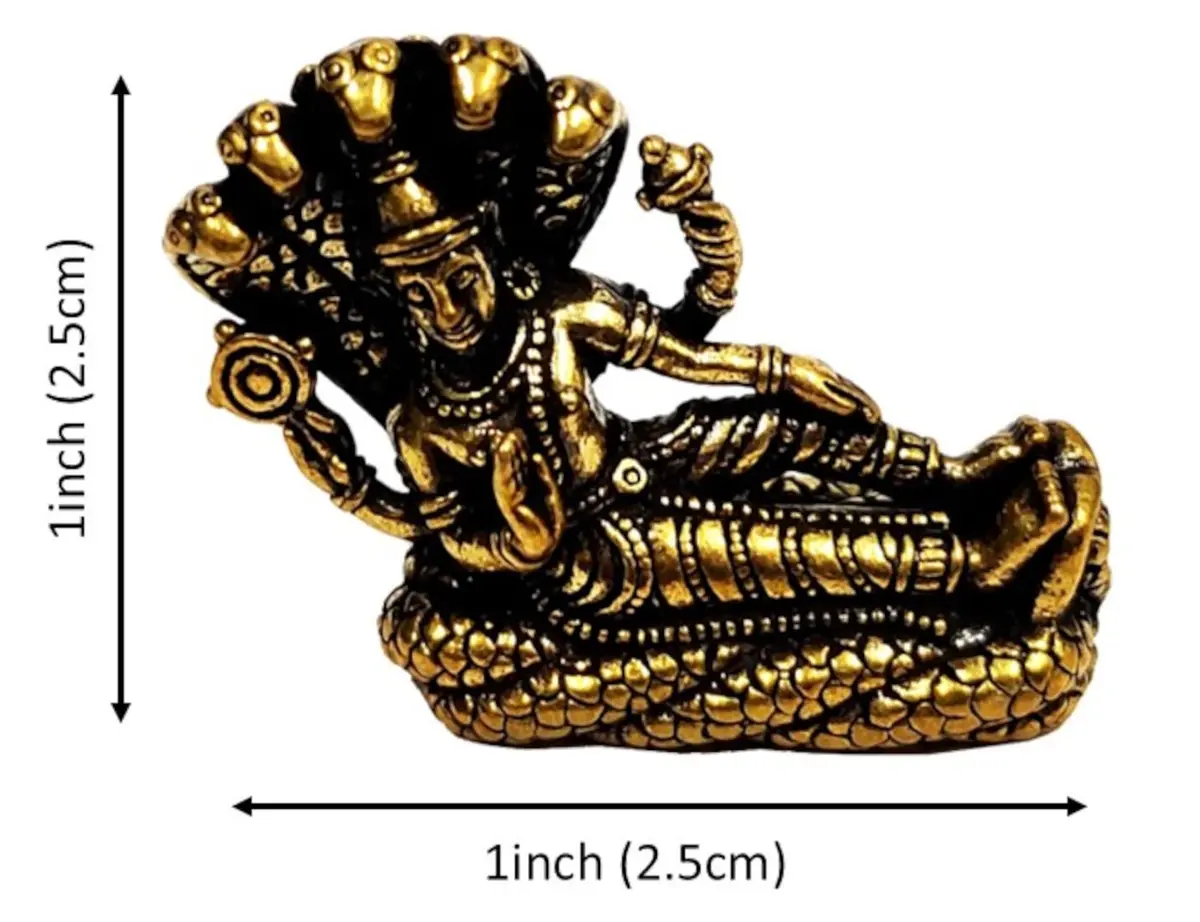 Purpledip Miniature Brass Idol Vishnu on Sheshnag 2.5cm (1" L x 0.5" W x 1" H) | Traditional Religious Collectible Statue - view 5