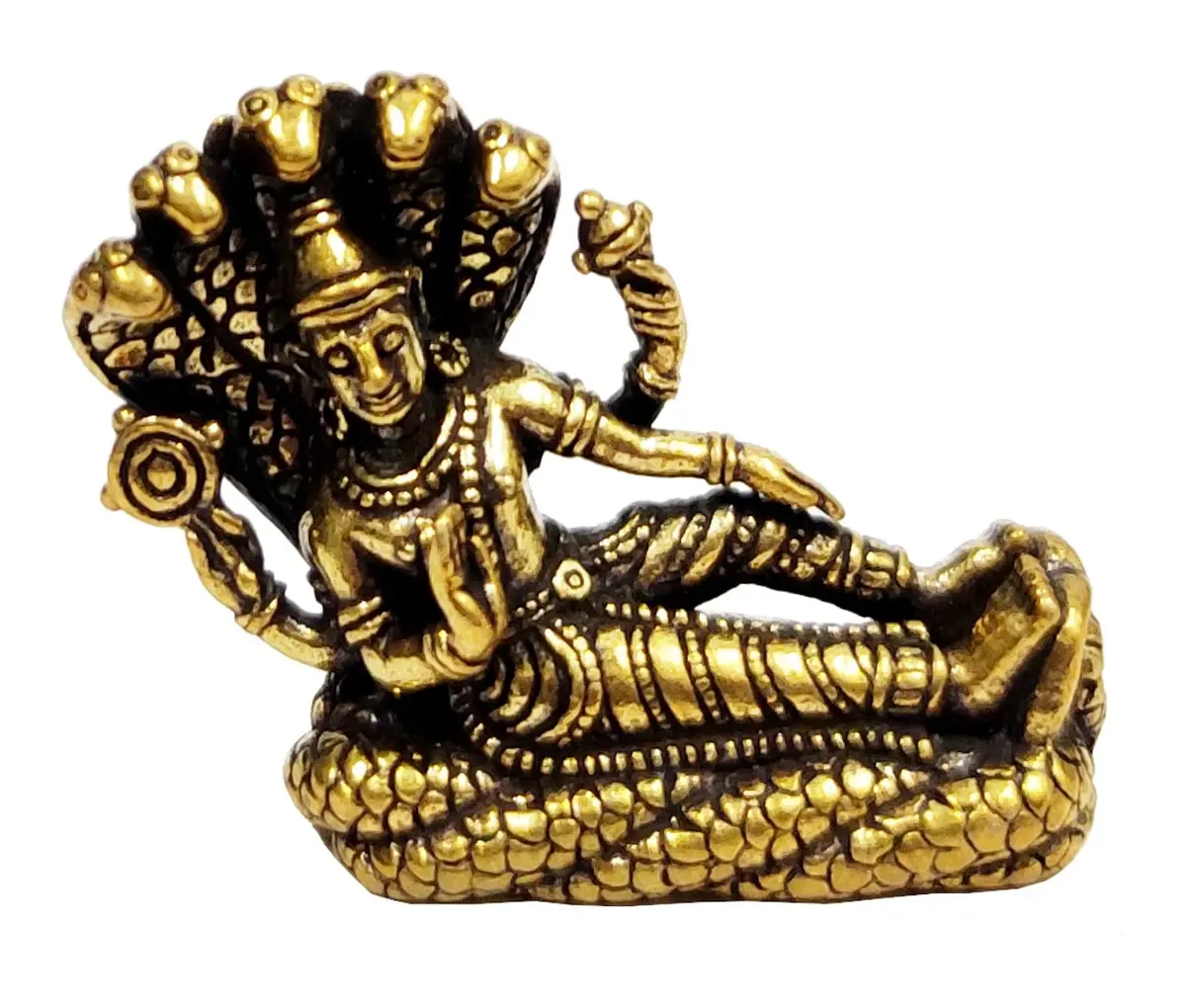 Purpledip Miniature Brass Idol Vishnu on Sheshnag 2.5cm (1" L x 0.5" W x 1" H) | Traditional Religious Collectible Statue - view 2