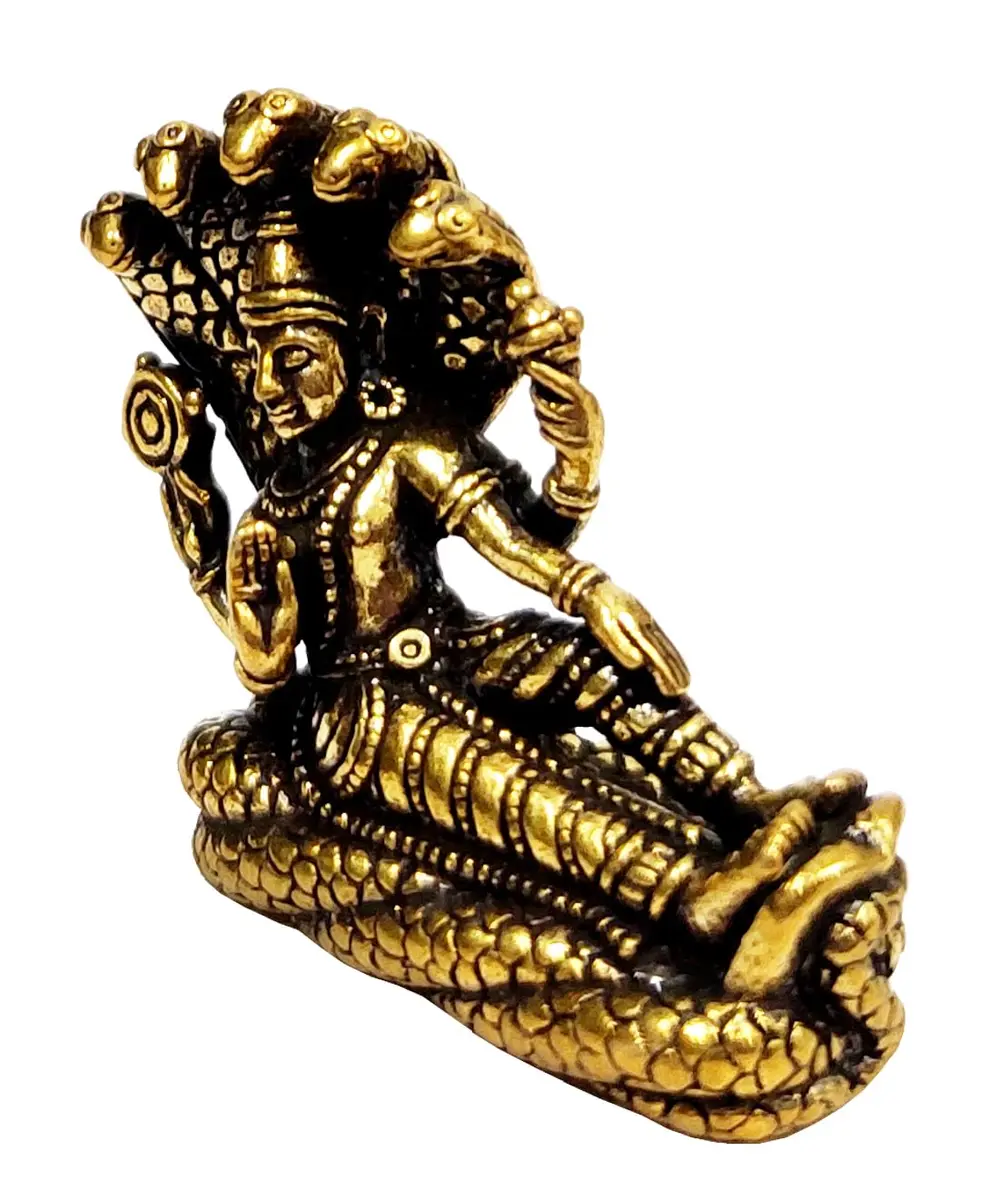 Purpledip Miniature Brass Idol Vishnu on Sheshnag 2.5cm (1" L x 0.5" W x 1" H) | Traditional Religious Collectible Statue - view 3