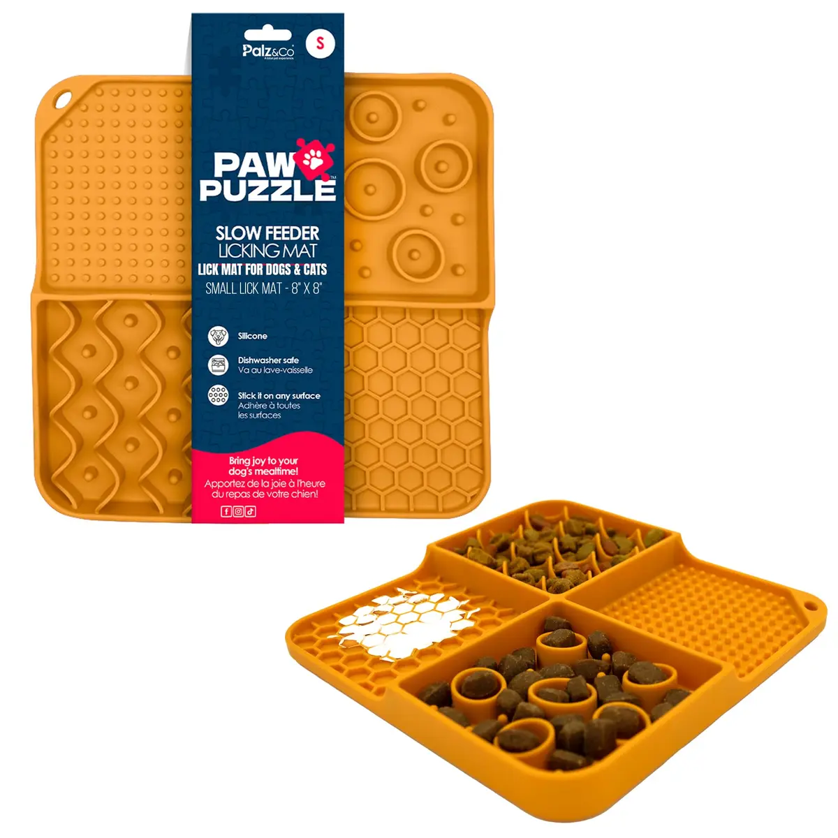 Palz&Co Paw Puzzle 2-in-1 Slow Feeder & Lick Mat for Dogs and Cats | Dishwasher Safe Silicone, Small 8"x8" in Orange - main product image