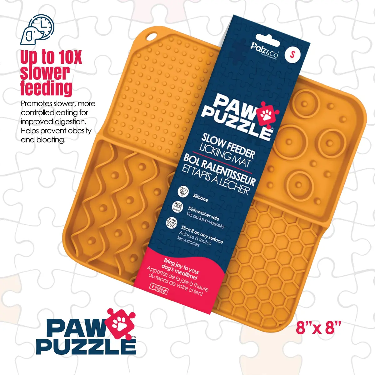 Palz&Co Paw Puzzle 2-in-1 Slow Feeder & Lick Mat for Dogs and Cats | Dishwasher Safe Silicone, Small 8"x8" in Orange - view 6