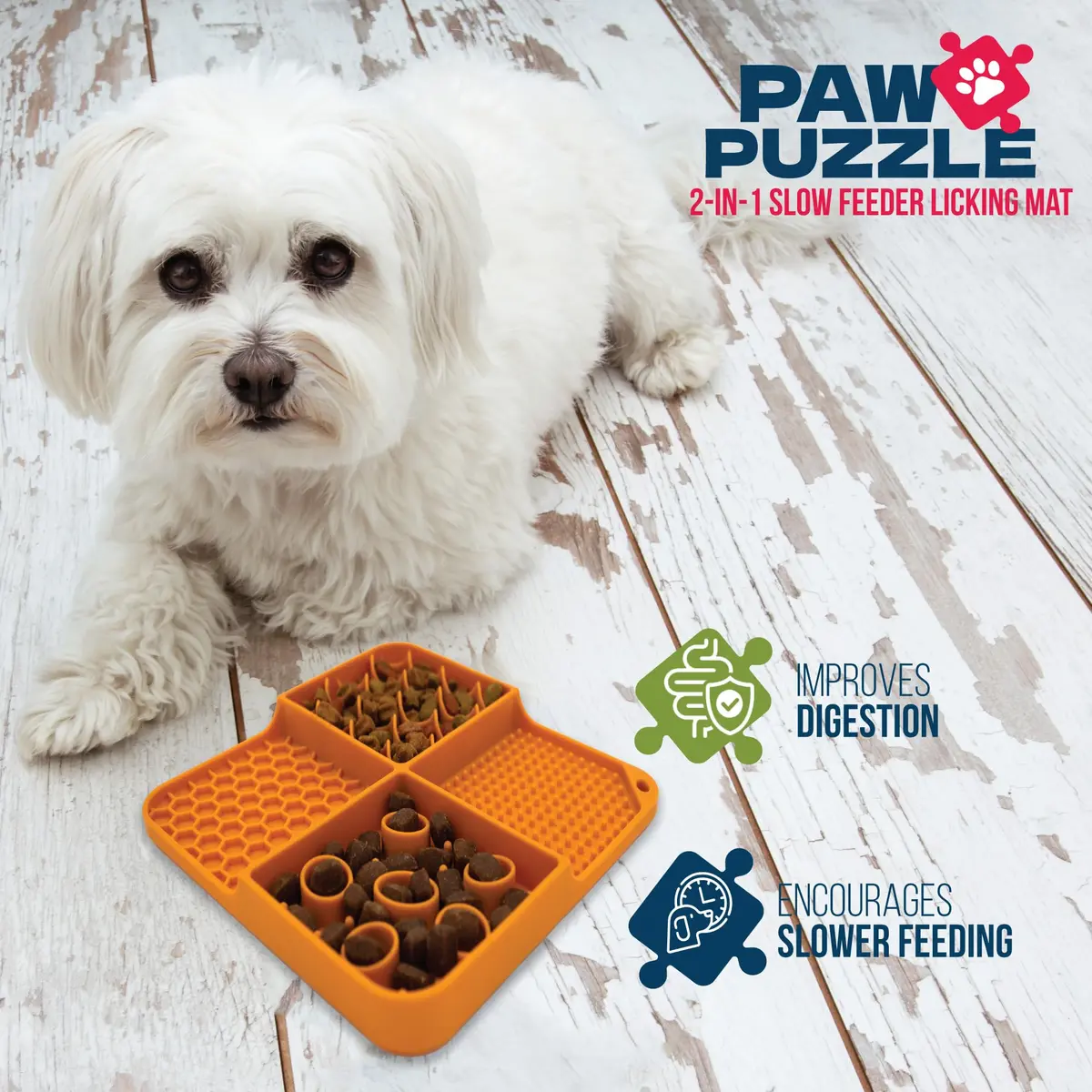 Palz&Co Paw Puzzle 2-in-1 Slow Feeder & Lick Mat for Dogs and Cats | Dishwasher Safe Silicone, Small 8"x8" in Orange - view 2