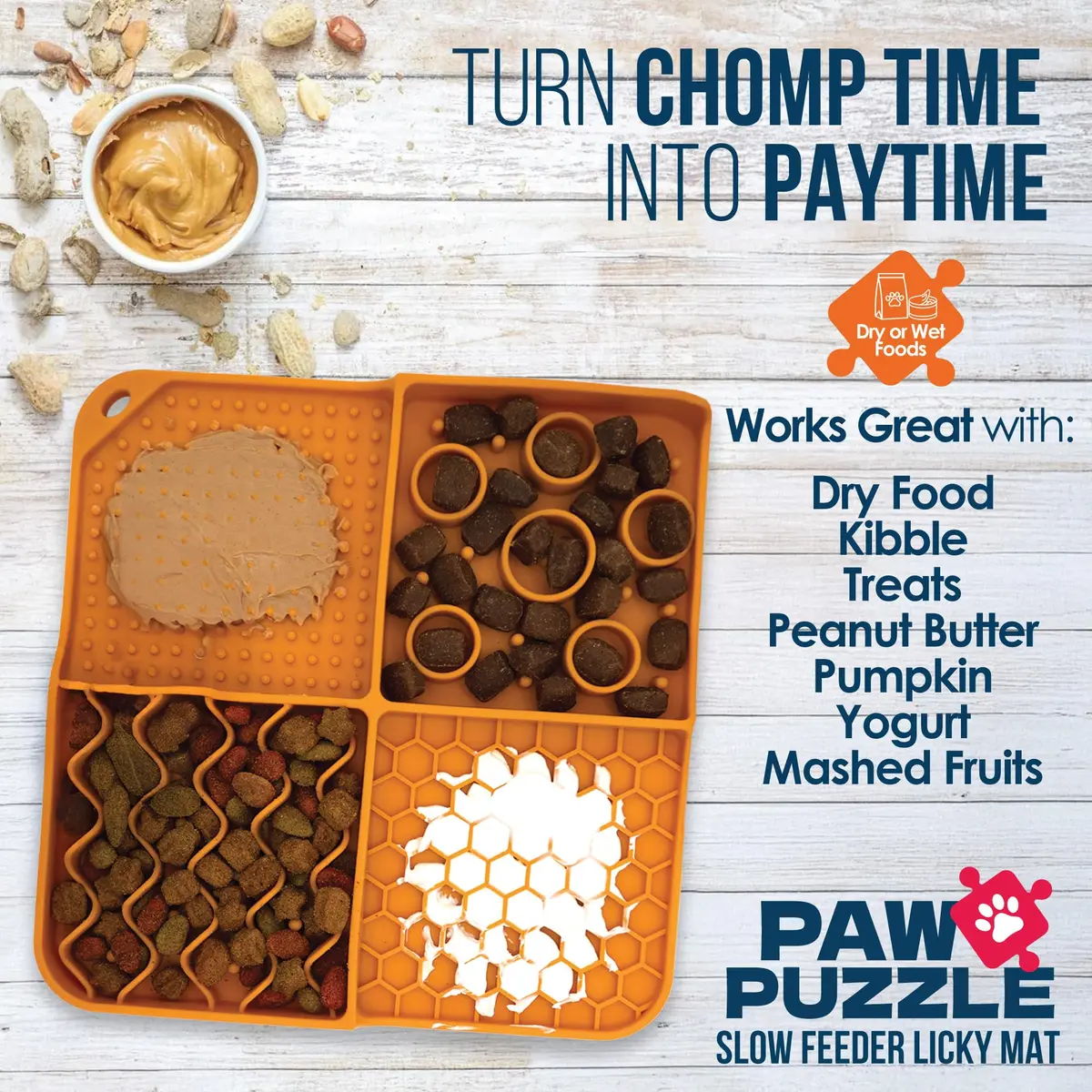 Palz&Co Paw Puzzle 2-in-1 Slow Feeder & Lick Mat for Dogs and Cats | Dishwasher Safe Silicone, Small 8"x8" in Orange - view 3