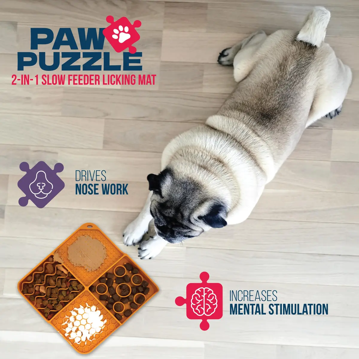 Palz&Co Paw Puzzle 2-in-1 Slow Feeder & Lick Mat for Dogs and Cats | Dishwasher Safe Silicone, Small 8"x8" in Orange - view 4