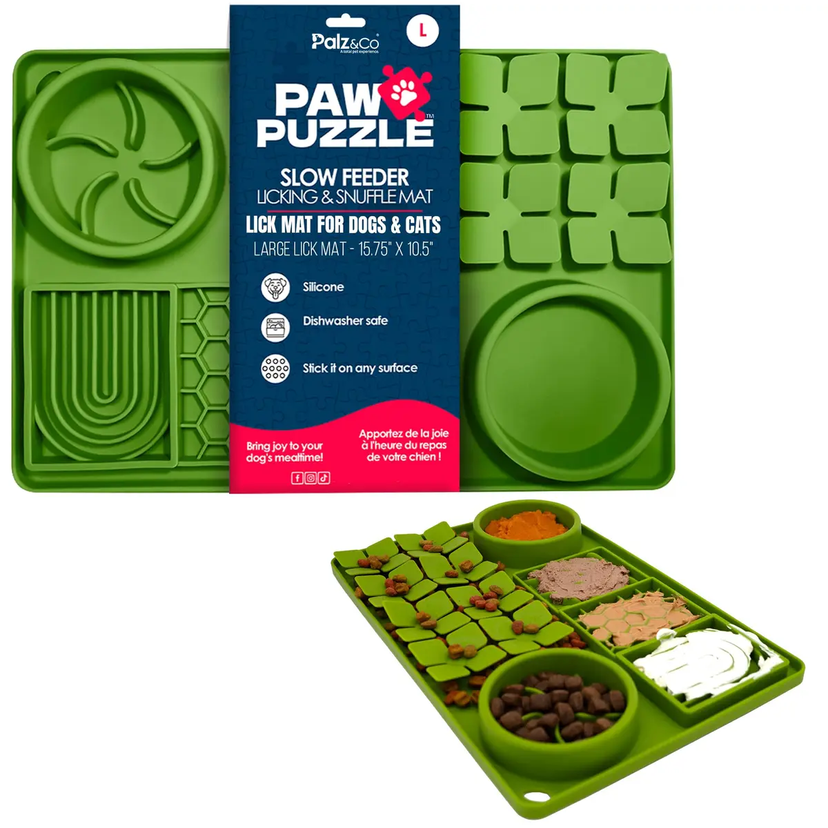 Palz&Co Paw Puzzle 2-in-1 Slow Feeder & Lick Mat - Large 15.75"x10.5" Green Non-Slip Silicone Mat for Dogs & Cats - main product image