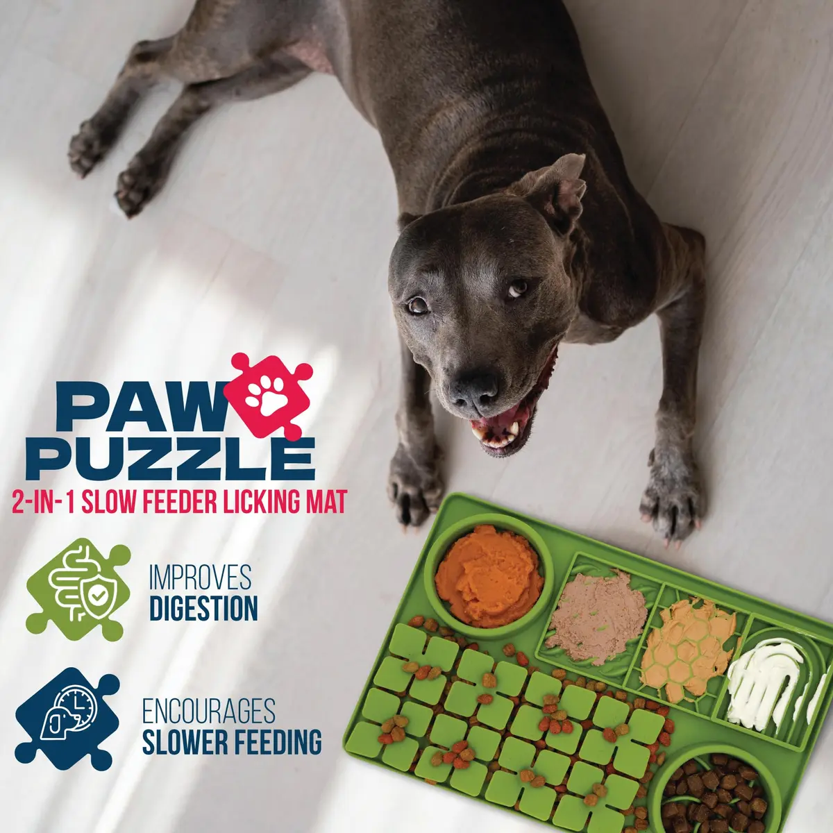 Palz&Co Paw Puzzle 2-in-1 Slow Feeder & Lick Mat - Large 15.75"x10.5" Green Non-Slip Silicone Mat for Dogs & Cats - view 2