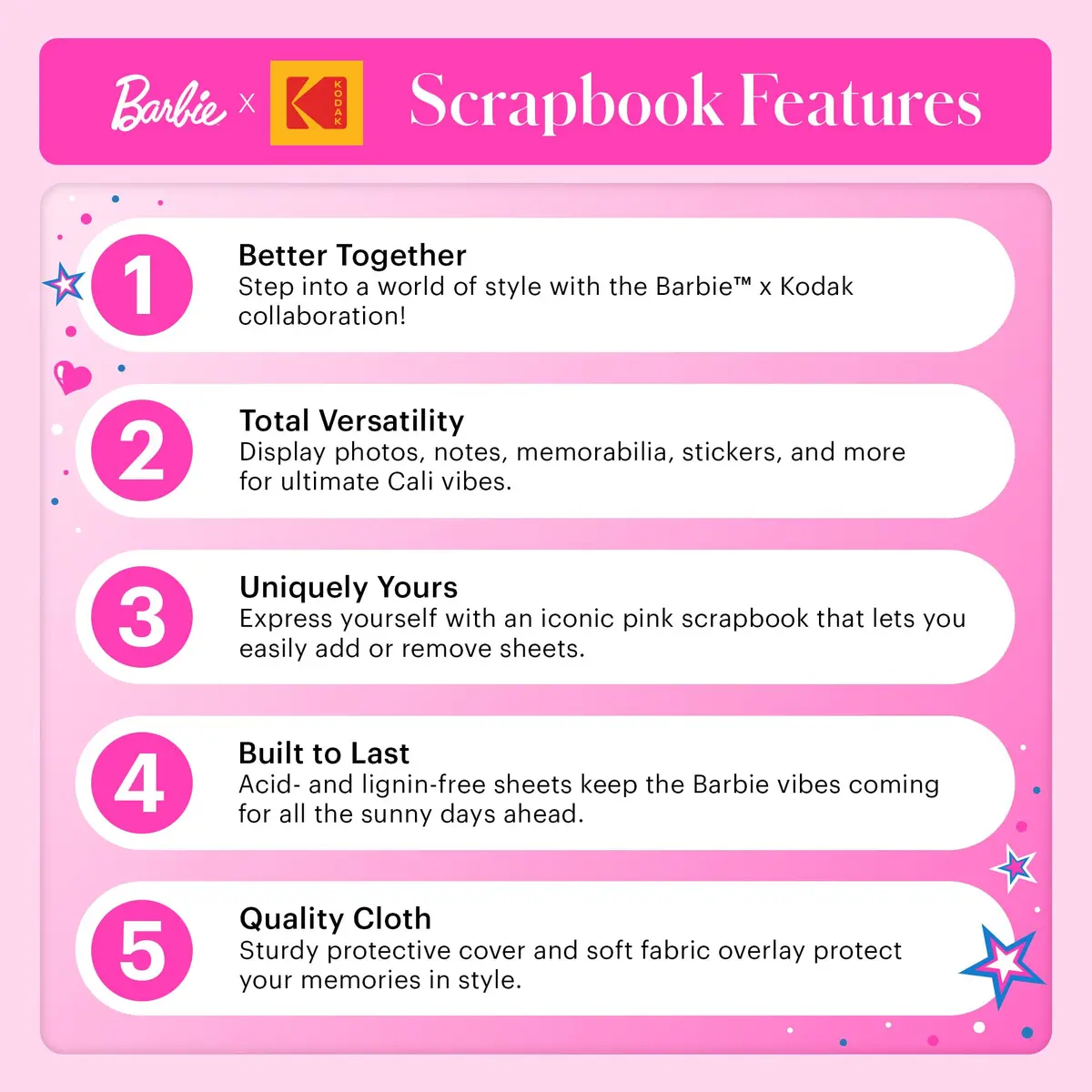Kodak x Barbie Pink 8x8” Cloth Covered Scrapbook Photo Album with Front Picture Window | Acid-Free Archival Quality - view 5