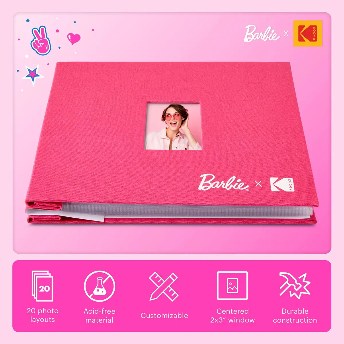 Kodak x Barbie Pink 8x8” Cloth Covered Scrapbook Photo Album with Front Picture Window | Acid-Free Archival Quality - view 2