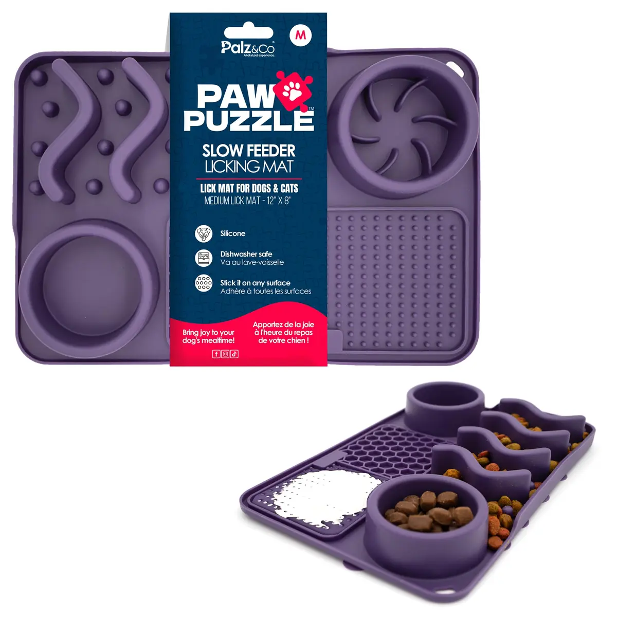 Palz&Co Paw Puzzle 2-in-1 Slow Feeder & Lick Mat for Dogs and Cats | Dishwasher Safe Silicone, Medium 12"x8", Purple - main product image