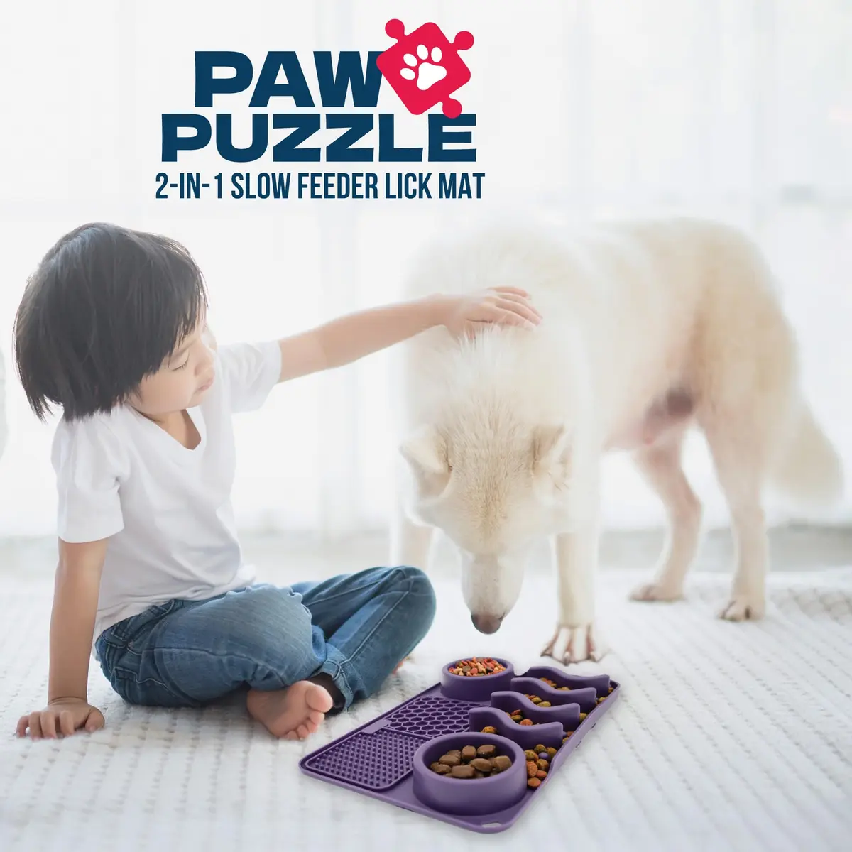 Palz&Co Paw Puzzle 2-in-1 Slow Feeder & Lick Mat for Dogs and Cats | Dishwasher Safe Silicone, Medium 12"x8", Purple - view 3