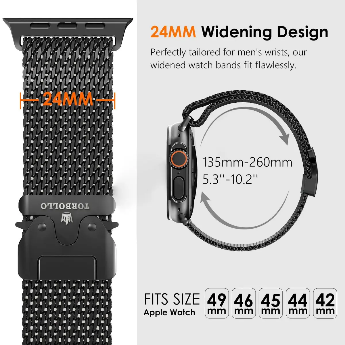 torbollo Compatible with Apple Watch Band for Men, Milanese Mesh Loop 49mm/45mm/44mm/42mm | Parachute Buckle, Stainless Steel Mesh - view 5