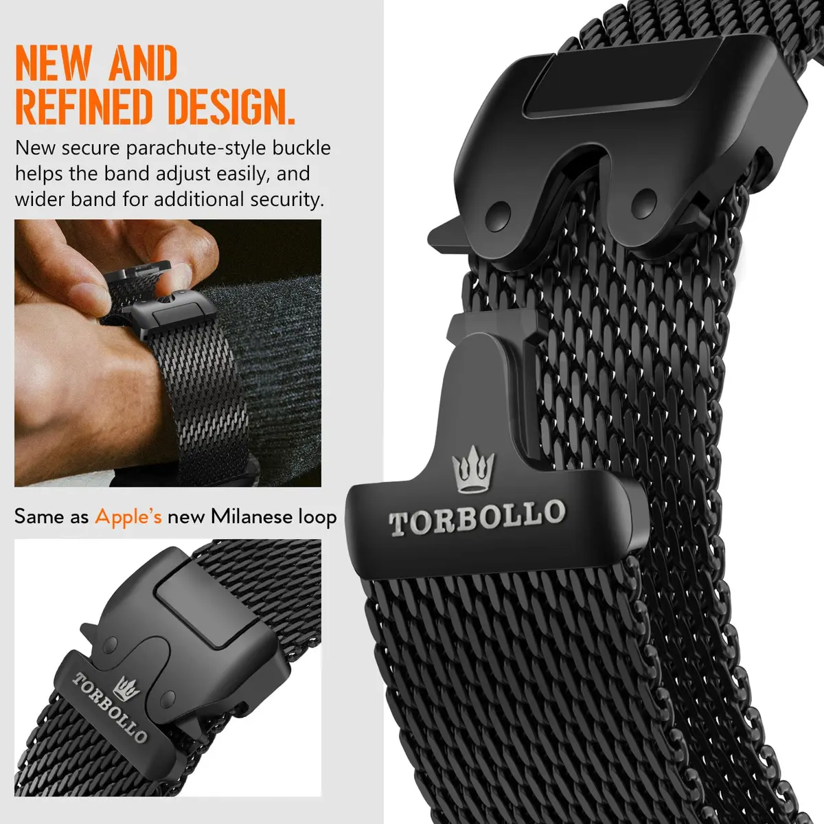 torbollo Compatible with Apple Watch Band for Men, Milanese Mesh Loop 49mm/45mm/44mm/42mm | Parachute Buckle, Stainless Steel Mesh - view 3