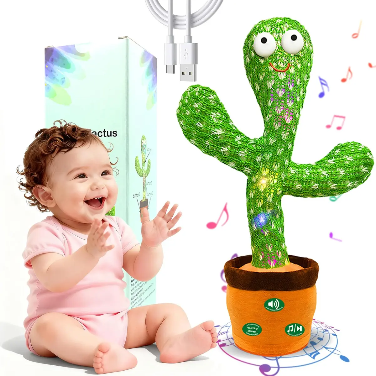 Hunfur Rechargeable Dancing Talking Cactus Baby Toy | Repeat What You Say with LED Lights (18 months+) - main product image