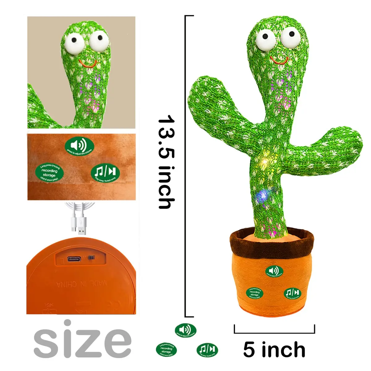 Hunfur Rechargeable Dancing Talking Cactus Baby Toy | Repeat What You Say with LED Lights (18 months+) - view 8