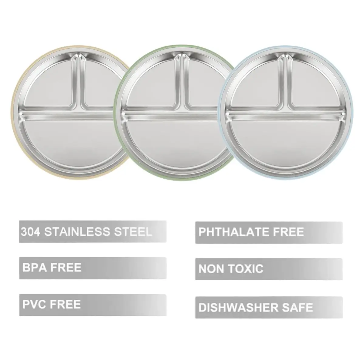 PandaEar Baby Suction Plates 3 Pack | Stainless Steel Divided Toddler Plate for Baby Led Weaning, Non-Slip, Dishwasher Safe (Blue/Green/Brown) - view 4