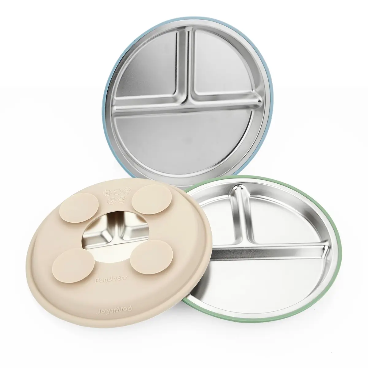 PandaEar Baby Suction Plates 3 Pack | Stainless Steel Divided Toddler Plate for Baby Led Weaning, Non-Slip, Dishwasher Safe (Blue/Green/Brown) - view 5