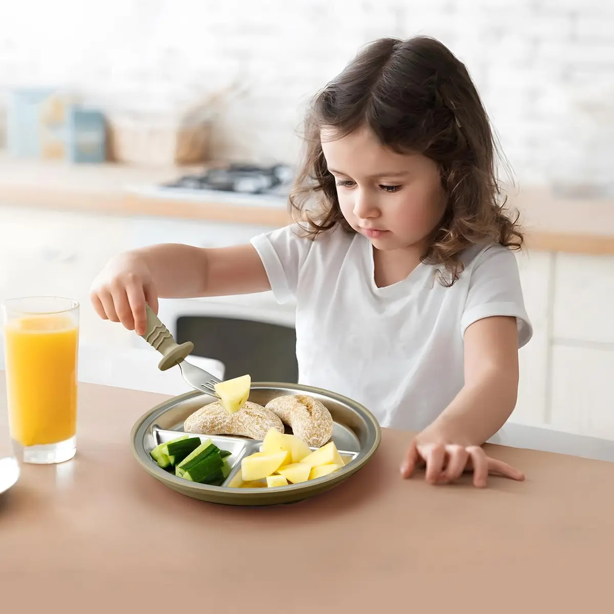 PandaEar Baby Suction Plates 3 Pack | Stainless Steel Divided Toddler Plate for Baby Led Weaning, Non-Slip, Dishwasher Safe (Blue/Green/Brown) - view 2
