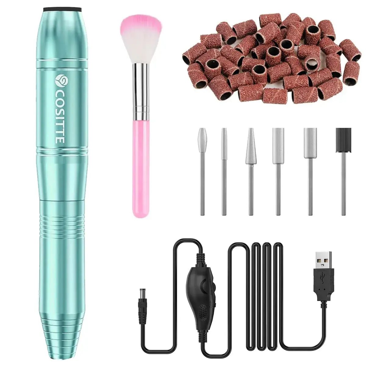 COSITTE USB Nail Drill Machine for Acrylic Nail Kit with 56 Piece Set, Green | Portable Efile for Home & Salon Use - main product image