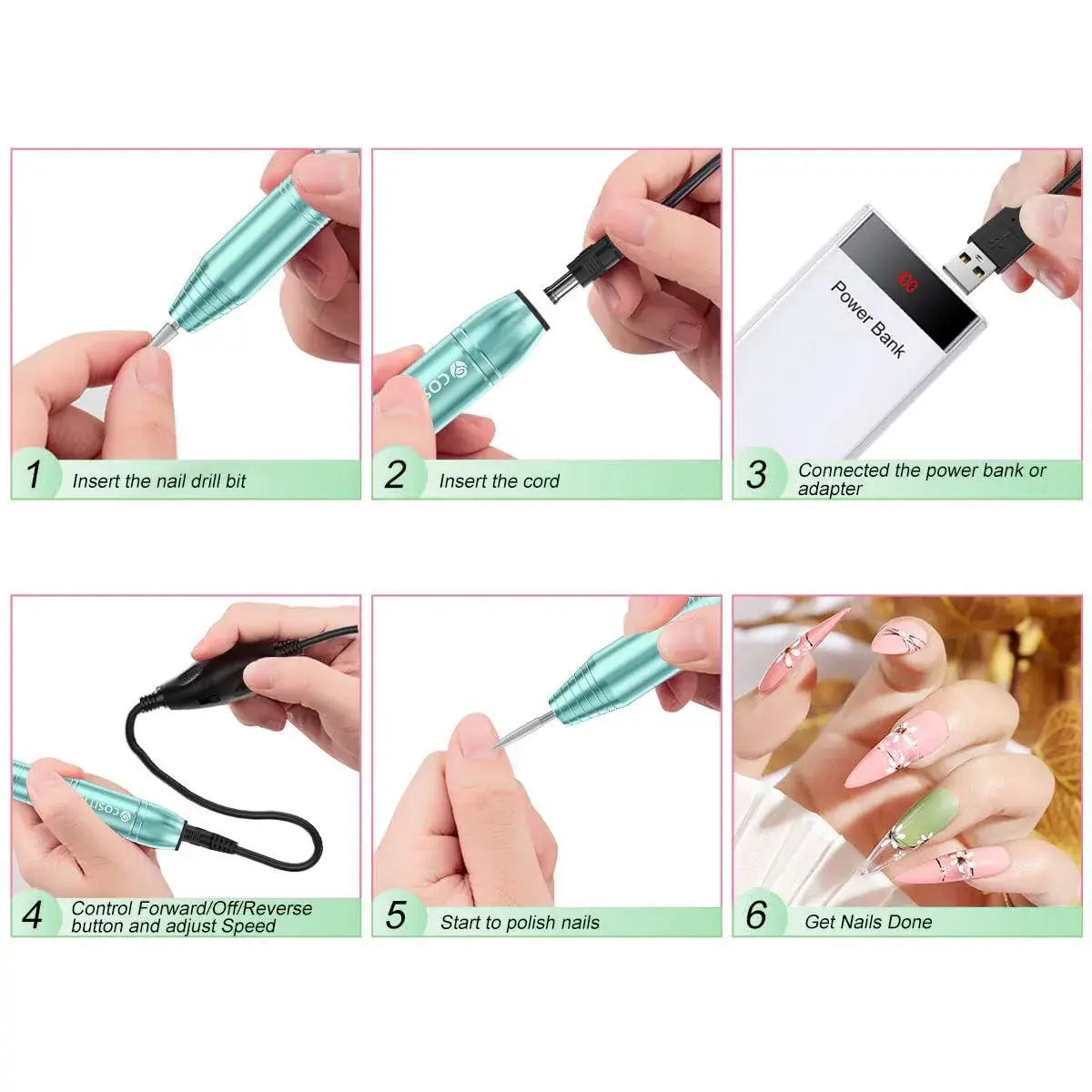 COSITTE USB Nail Drill Machine for Acrylic Nail Kit with 56 Piece Set, Green | Portable Efile for Home & Salon Use - view 5