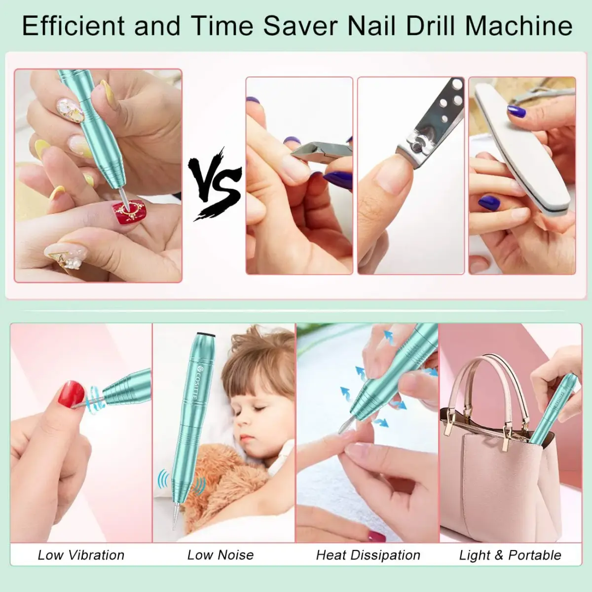 COSITTE USB Nail Drill Machine for Acrylic Nail Kit with 56 Piece Set, Green | Portable Efile for Home & Salon Use - view 6