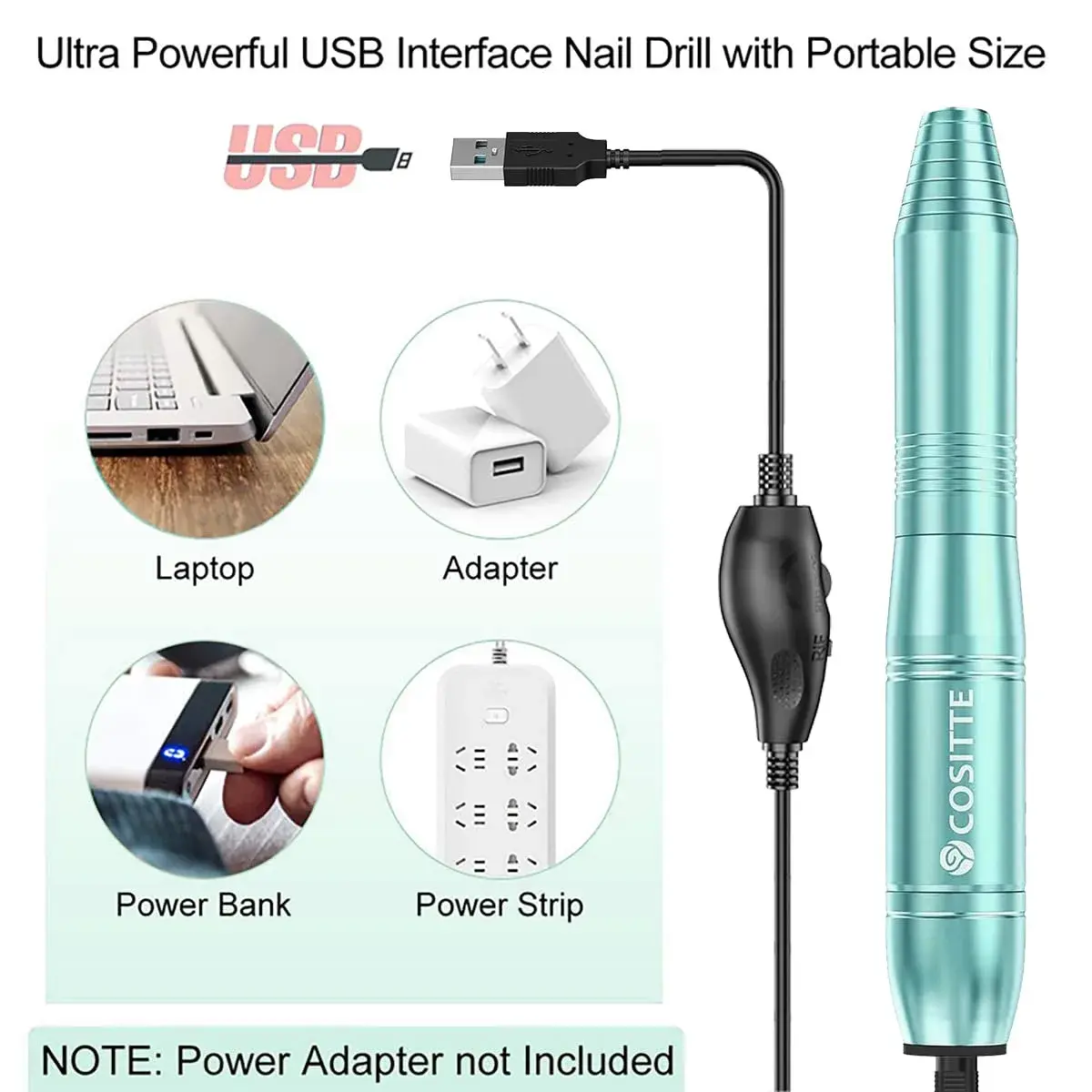 COSITTE USB Nail Drill Machine for Acrylic Nail Kit with 56 Piece Set, Green | Portable Efile for Home & Salon Use - view 2