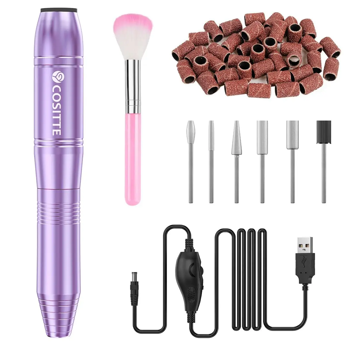 COSITTE USB Nail Drill Machine for Acrylic Nail Kit, Lilac 56 Piece Set | Portable Electric Nail File for Manicure & Pedicure - main product image