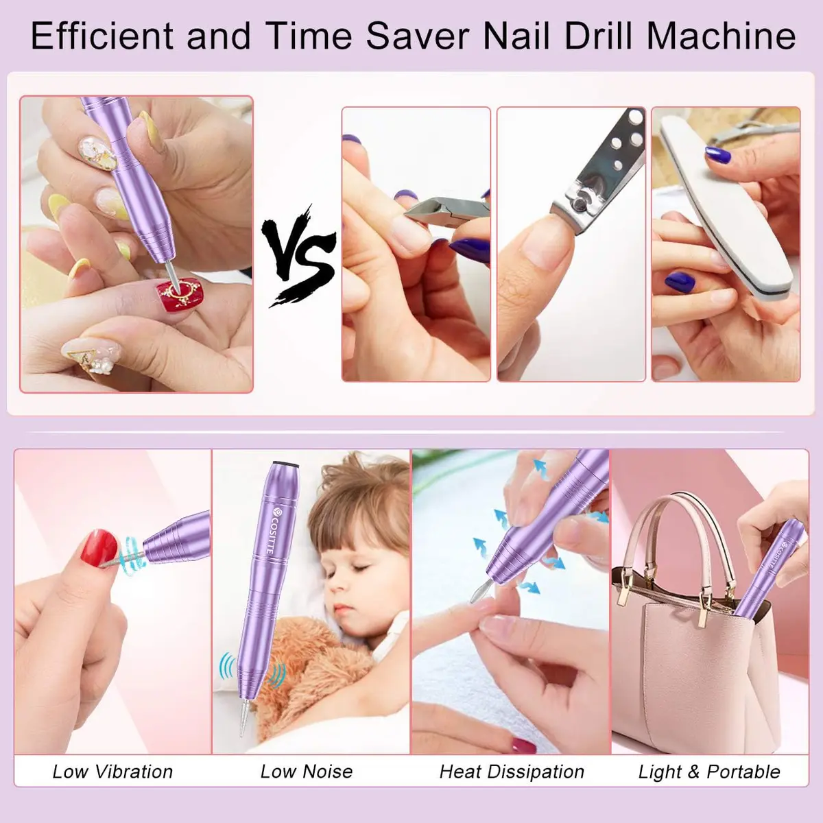 COSITTE USB Nail Drill Machine for Acrylic Nail Kit, Lilac 56 Piece Set | Portable Electric Nail File for Manicure & Pedicure - view 6