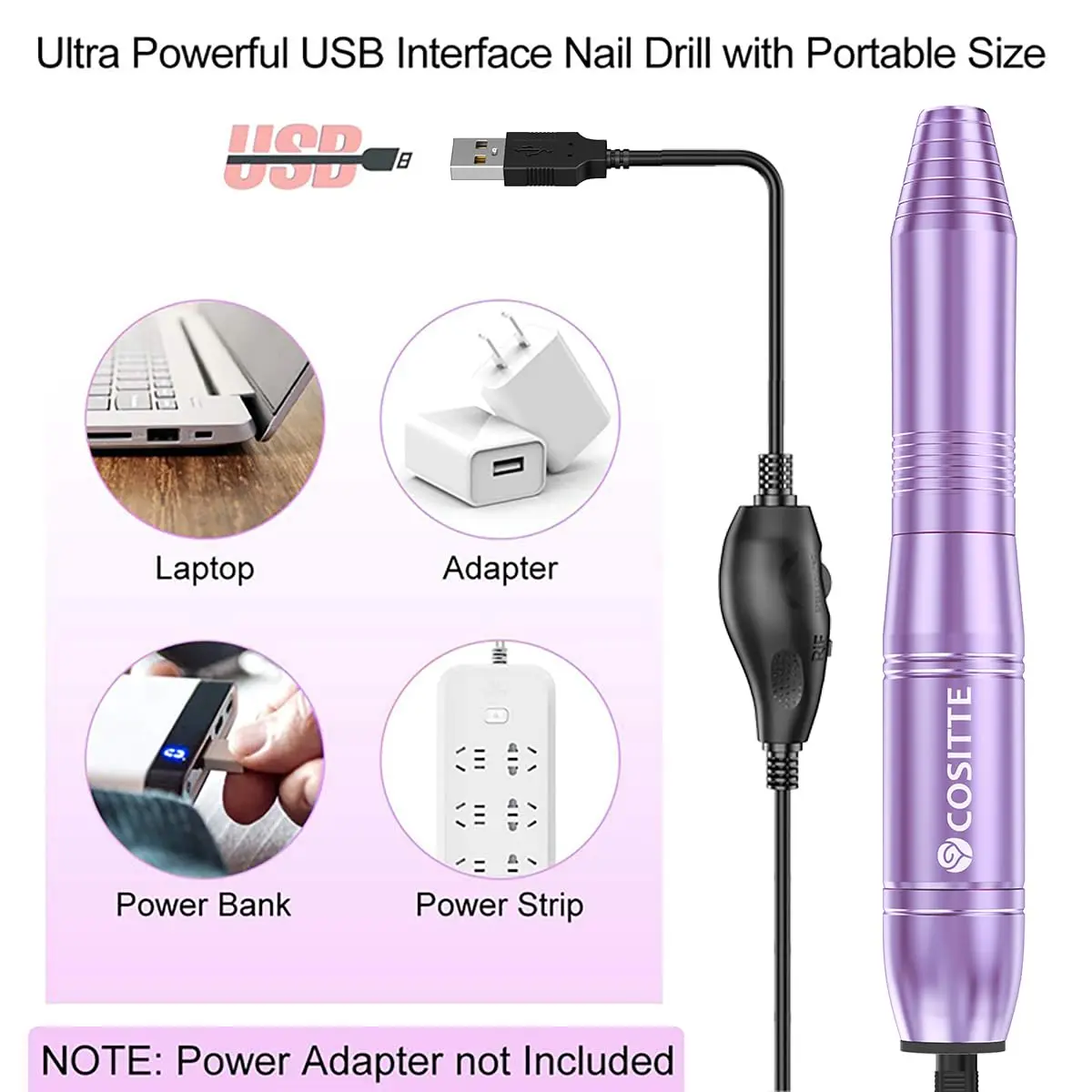 COSITTE USB Nail Drill Machine for Acrylic Nail Kit, Lilac 56 Piece Set | Portable Electric Nail File for Manicure & Pedicure - view 2