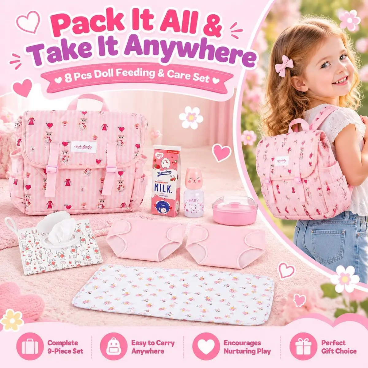 BABESIDE Baby Doll Accessories Set for 17-22 Inch Dolls | Diaper Bag, 8 Pieces, Pretend Play (70-120 chars) - view 5