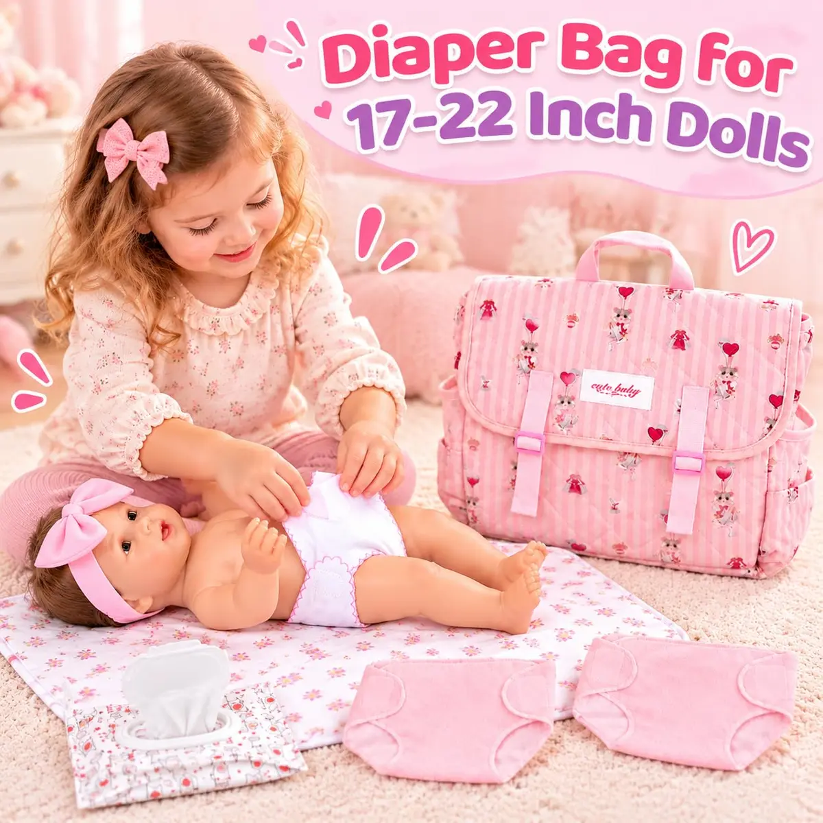 BABESIDE Baby Doll Accessories Set for 17-22 Inch Dolls | Diaper Bag, 8 Pieces, Pretend Play (70-120 chars) - view 6