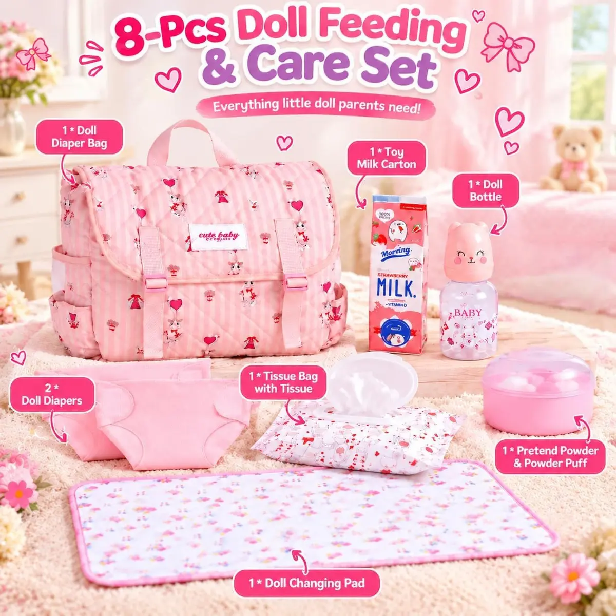 BABESIDE Baby Doll Accessories Set for 17-22 Inch Dolls | Diaper Bag, 8 Pieces, Pretend Play (70-120 chars) - view 2