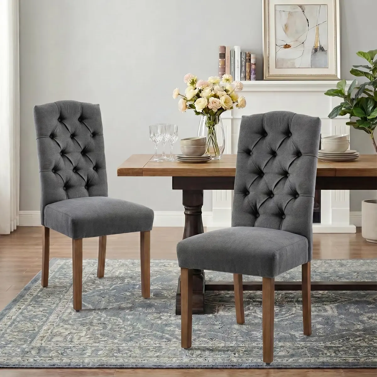 SNUGWAY Tufted Dining Chair Fabric Button Upholstered Modern Kitchen Diner Set of 2 | Elegant & Comfortable - main product image