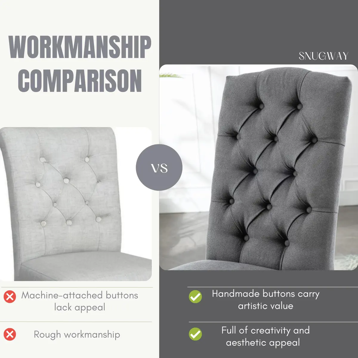 SNUGWAY Tufted Dining Chair Fabric Button Upholstered Modern Kitchen Diner Set of 2 | Elegant & Comfortable - view 9